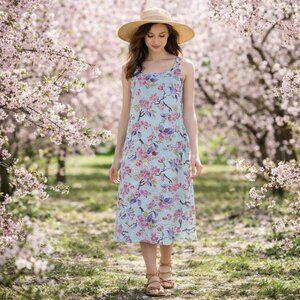 Garnet Hill Linen Midi Tank Dress Size 18 Green Pink Floral Flower Cottagecore